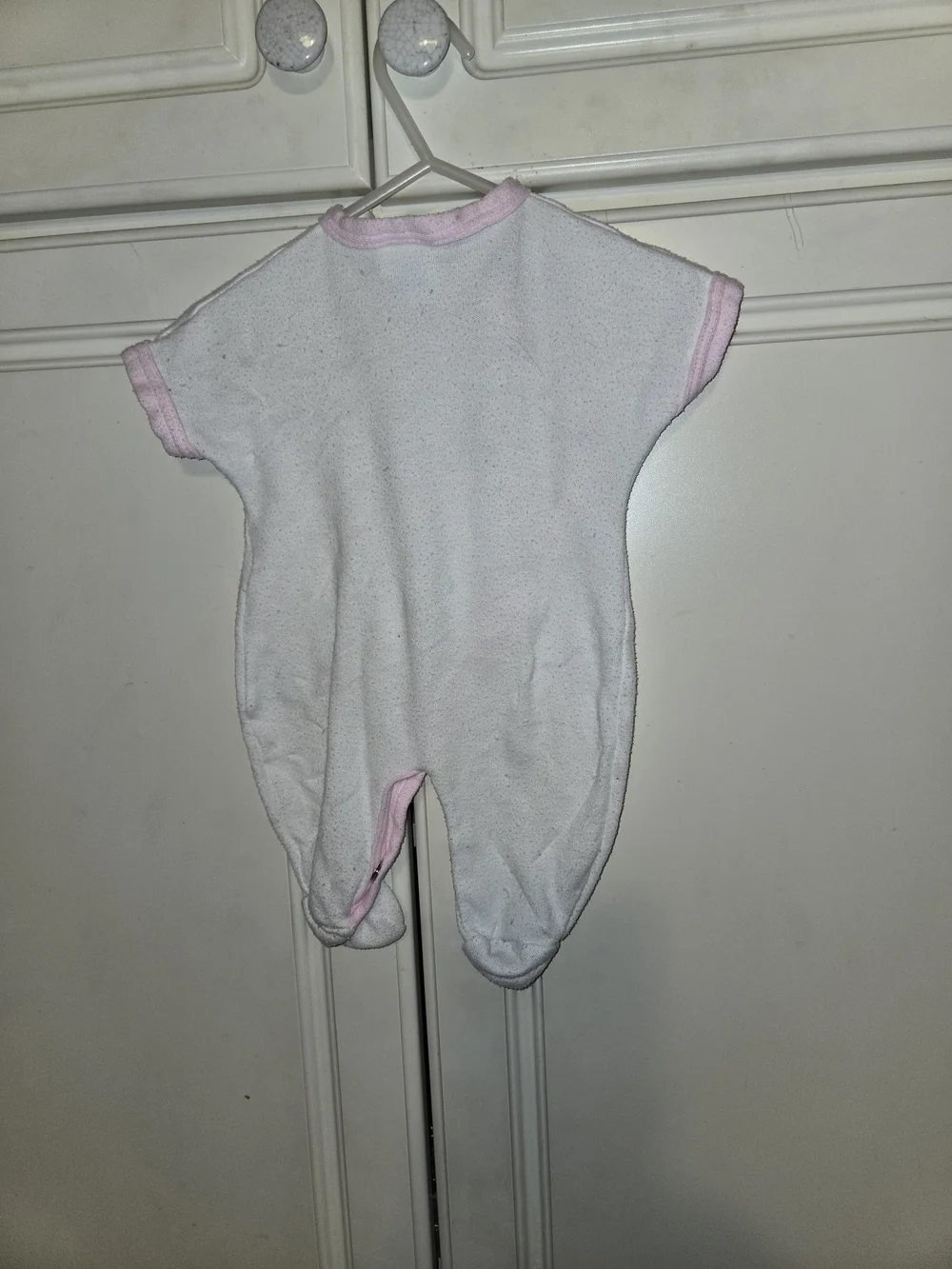 White Baby Footed One-Piece with Pink Trim and Floral Embroidery